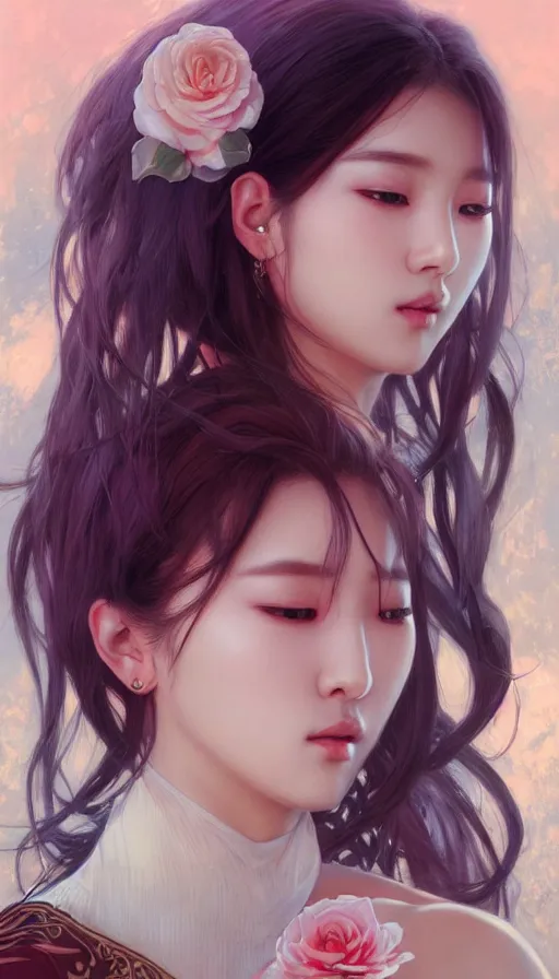 Image similar to portrait of kpop idol, dreamy and ethereal, expressive pose, fierce expression, intricate, rose tones, highly detailed, digital painting, artstation, concept art, smooth, sharp focus, illustration, art by artgerm and greg rutkowski and alphonse mucha