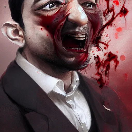 Prompt: portrait of aamir khan upper body in bloody business suit, blood red eyes, vampire fangs, fantasy, intricate, elegant, highly detailed, digital painting, artstation, concept art, matte, sharp focus, illustration, art by aenaluck and roberto ferri and greg rutkowski, epic fantasy, digital painting