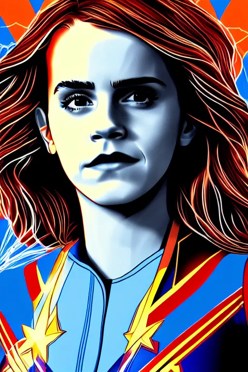 Image similar to Emma Watson as Captain Marvel high quality digital painting in the style of James Jean