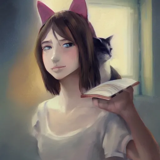 Prompt: Girl with cat ears studying from a textbook, expressive oil painting, matte art, digital art, trending on artstation, anime style, beautiful lightning, atmospheric