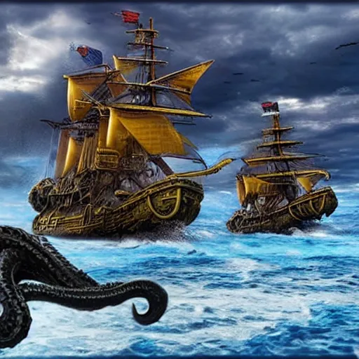 Image similar to kraken destroying a large galleon, ocean, photo realistic