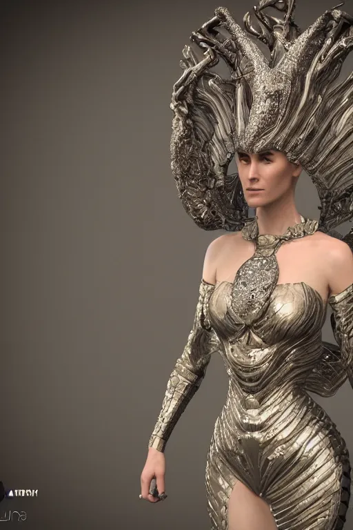 Image similar to a highly detailed medium shot 8 k render of an alien goddess jennifer connelly in iris van herpen dress schiaparelli armor in diamonds and lots of jewelry in style of alphonse mucha trending on artstation made in unreal engine 4