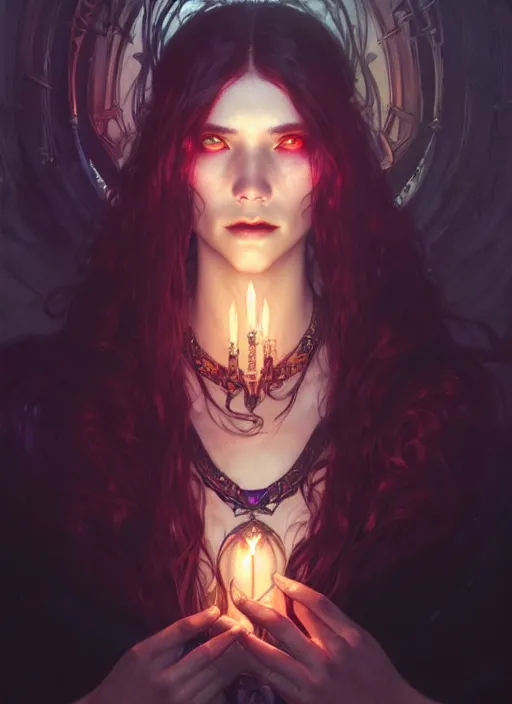 Image similar to Necromancer Sorceress, fantasy magic, undercut hairstyle, dark light night, intricate, elegant, sharp focus, illustration, highly detailed, digital painting, concept art, matte, art by WLOP and Artgerm and Greg Rutkowski and Alphonse Mucha, masterpiece