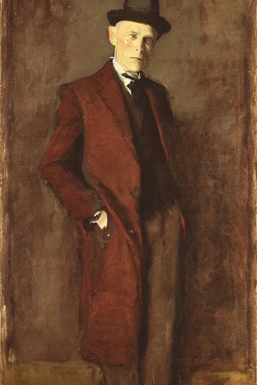 Prompt: portrait of ed harris as a gentleman wearing a a red edwardian suit by walter sickert, john singer sargent, and william open