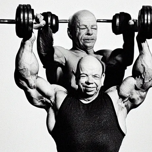 Image similar to “Wallace Shawn pumping iron with Arnold Schwarzenegger vintage 24mm”