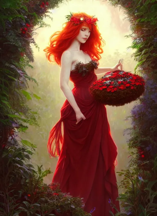 Image similar to a beautiful red haired woman as a fairy princess in a garden holding a wreath, deep focus, d & d, fantasy, intricate, elegant, highly detailed, digital painting, artstation, concept art, matte, sharp focus, illustration, hearthstone, art by artgerm and greg rutkowski and alphonse mucha