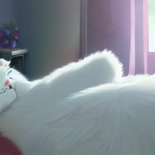 Prompt: a white ragdoll cat lies on the bed in the bedroom, warm atmosphere, anime key visual, digital art, anime screenshot, kyoto animation, makoto shinkai, trending on pixiv,