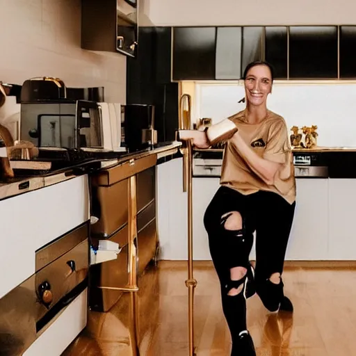 Image similar to a candid photo of a brunette female, young, athletic, australian, wearing a gold tshirt in a kitchen