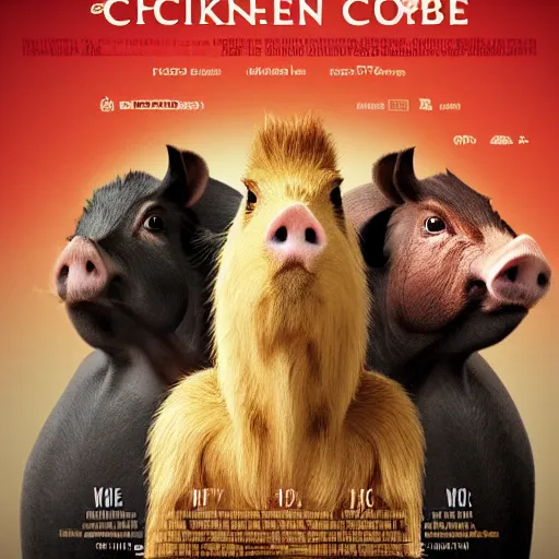 Prompt: Movie Poster Chicken, Cow, Capybara, Pig, Epic, Cinematic, 4K