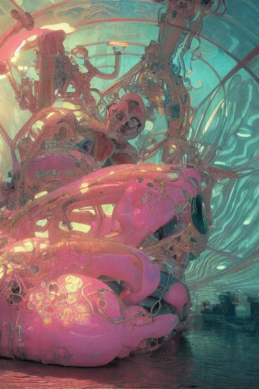 Prompt: interior of a Stomach digesting filled with glowing pink water, Digestion Acid, Skeleton, Cross section, Claustrophobic, seapunk Mecha , vaporwave , digital art, artstation, by WLOP, Ilya repin, alphonse mucha., Very highly detailed 8K, octane, Digital painting, the golden ratio,