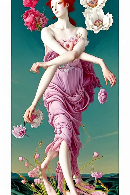 Image similar to 3 Spring Muses symbolically representing March, April, and May, in a style blending Æon Flux, Peter Chung, Shepard Fairey, Botticelli, Ivan Bolivian, and John Singer Sargent, inspired by pre-raphaelite paintings, shoujo manga, and cool Japanese street fashion, dramatically blossoming flora and fauna, petals falling everywhere, pastel vivid triad colors, hyper detailed, super fine inking lines, ethereal and otherworldly, 4K extremely photorealistic, Arnold render