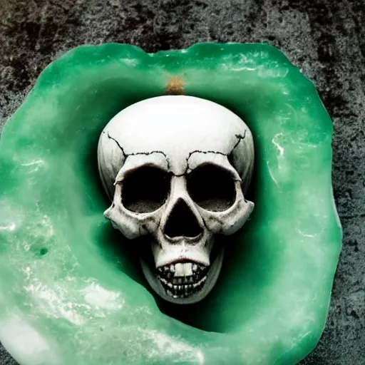 Image similar to giant skull made of jade floating above a city