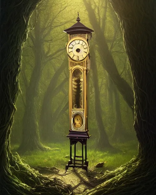 Image similar to highly detailed surreal vfx portrait of a cursed grandfather clock in a shadowy forest by a willow tree, stephen bliss, unreal engine, greg rutkowski, loish, rhads, beeple, makoto shinkai and lois van baarle, ilya kuvshinov, rossdraws, tom bagshaw, alphonse mucha, global illumination, detailed and intricate environment