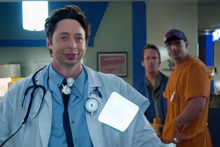 Prompt: zach braff as the doctor in idiocracy film, all faces are distorted contorted, shock, repulsion, anger, laughter, smirk, cinematic still, movie still, long lens, shallow depth of field, bokeh, anamorphic lens flare, 8 k