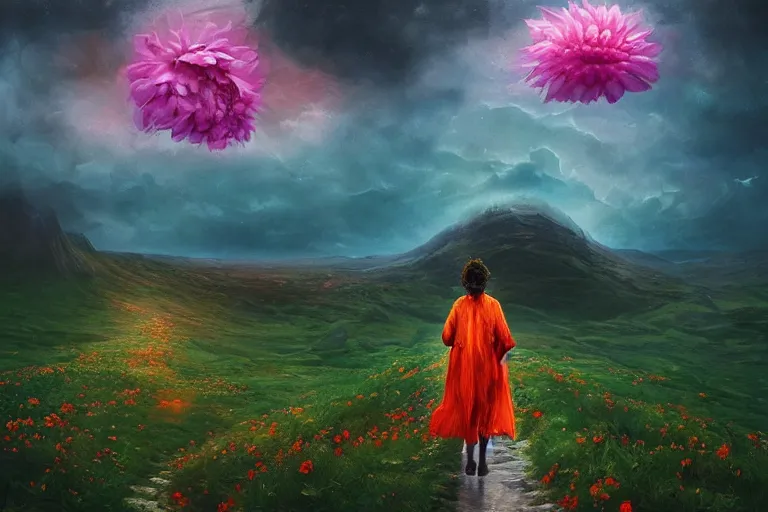 Image similar to giant dahlia flower as a head, girl walking on mountain, surreal photography, stars, dramatic light, impressionist painting, storm clouds, digital painting, artstation, simon stalenhag