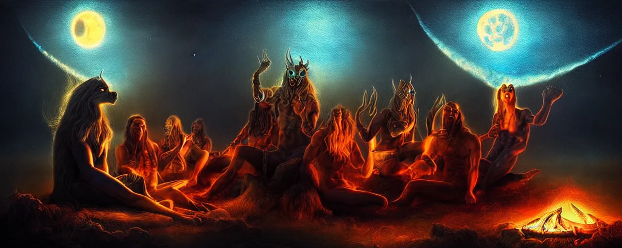 Image similar to uncanny!!! bifrost!!! mythical beasts of sitting around a fire under a full moon at bifrost, surreal dark uncanny painting by ronny khalil