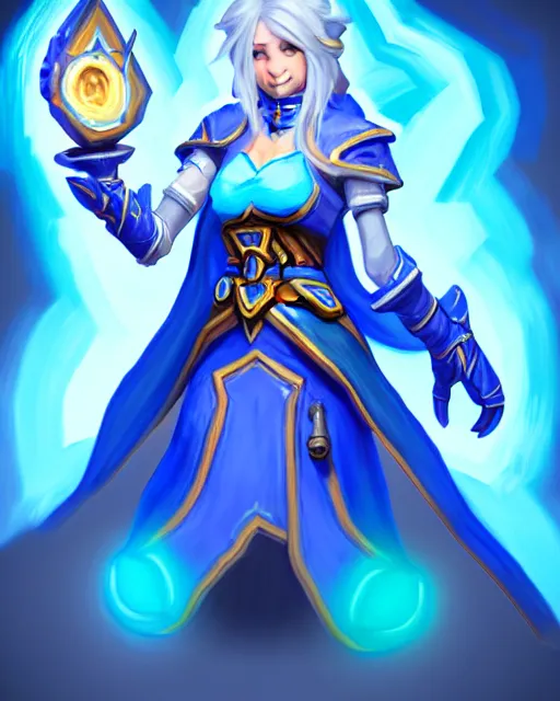 Image similar to perfectly - centered!! looking at the camera!!! full body portrait of the female blue mage, bright lighting, by hearthstone, concept art, hearthstone mastered art