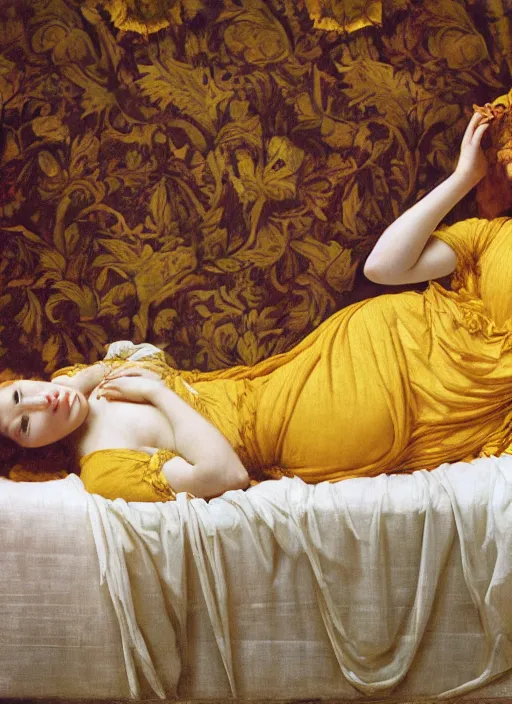 Image similar to masterpiece portrait of lady reclining vertically on bed wearing yellow ochre ornate medieval dress, foreshortening, colour photography by frederic leighton, william morris, 8 k