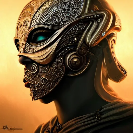 Image similar to Very very very very highly detailed epic photo of full face with beautiful ornamental venetian mask, intricate, dystopian, sci-fi, extremely detailed, digital painting, artstation, concept art, smooth, sharp focus, illustration, intimidating lighting, incredible art by Artgerm and Vincent di Fate and Anton Pieck