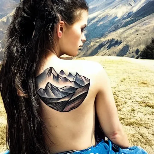 Image similar to tattoo design of a beautiful girl next face against a beautiful mountain scenery, hyper realistic