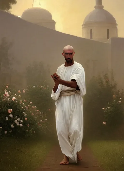 Image similar to oil painting portrait of a tonsured dominican monk in a white habit, striding dancing through a flourishing garden at sunset with a monastery in the background, hazy, digital art, chiaroscuro, artstation, cinematic, golden hour, digital art painting by greg rutkowski, william - adolphe bouguereau, hazy atmosphere, flowers, cinematic lighting