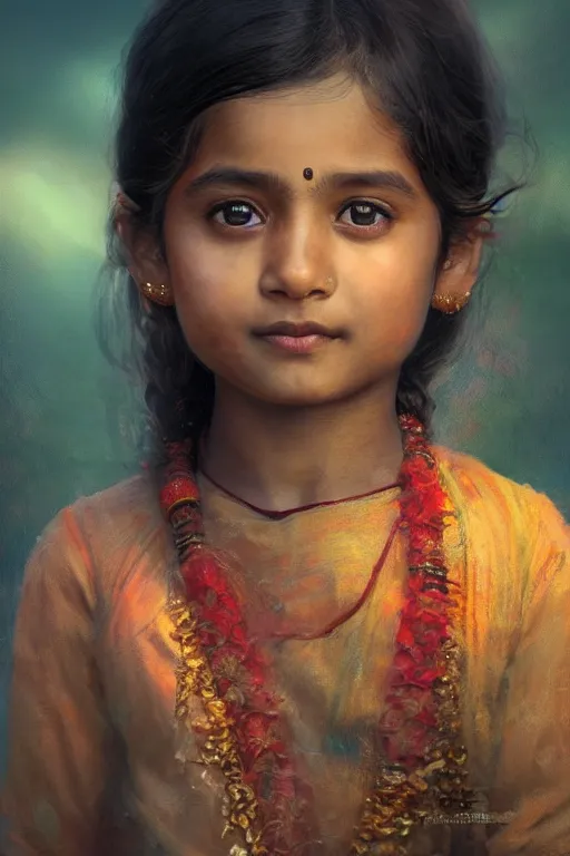 Image similar to hindu little girl, joyful, close - up portrait, intricate, elegant, volumetric lighting, scenery, digital painting, highly detailed, artstation, sharp focus, illustration, concept art, ruan jia, steve mccurry