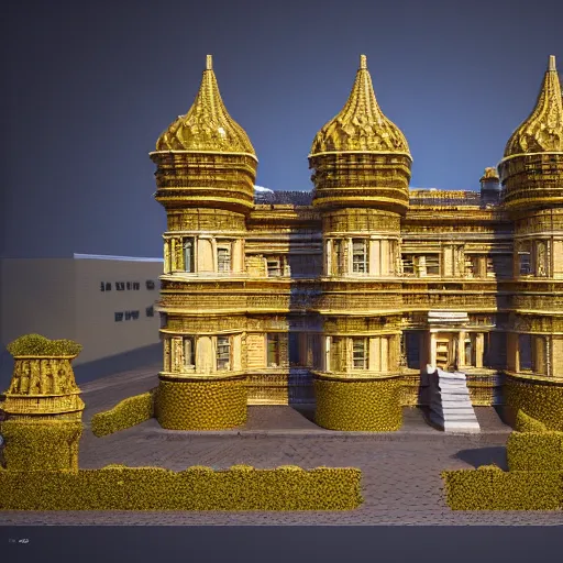 Image similar to photorealistic palace made of honeycomb. hyperdetailed photorealism, 1 0 8 megapixels, amazing depth, high resolution, 3 d shading, 3 d finalrender, 3 d cinematic lighting, glowing rich color, artstation concept art.