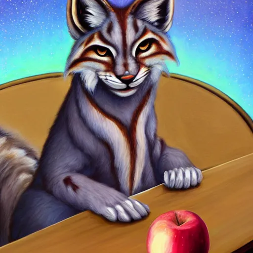 Prompt: a painting of an anthropomorphic lynx sitting at a table with apples, a character portrait by lois van baarle, furry art, speedpainting, furaffinity, tarot card, yoshitaka amano style