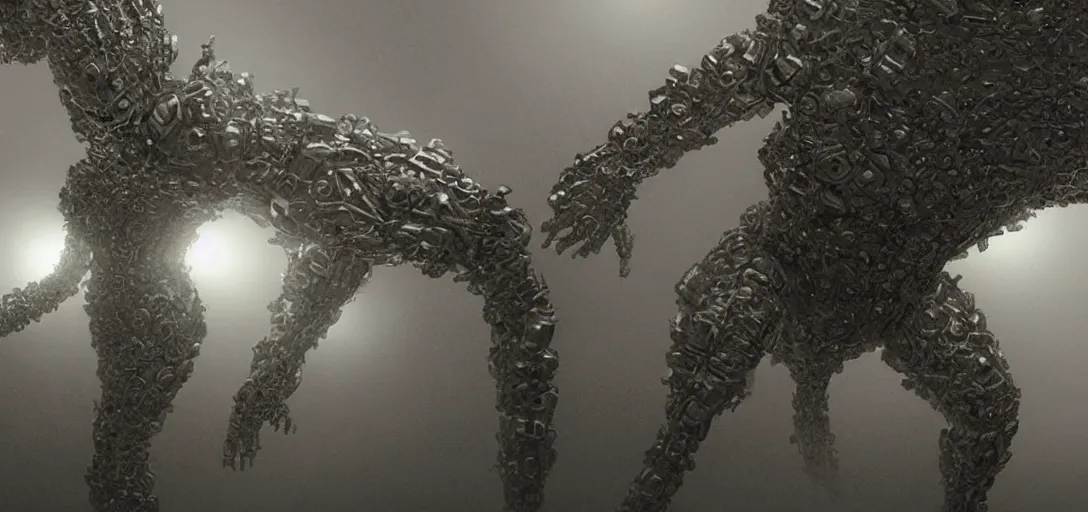 Prompt: a complex organic fractal 3 d metallic symbiotic ceramic humanoid megastructure creature in a suburban home, foggy, cinematic shot, photo still from movie by denis villeneuve, wayne barlowe