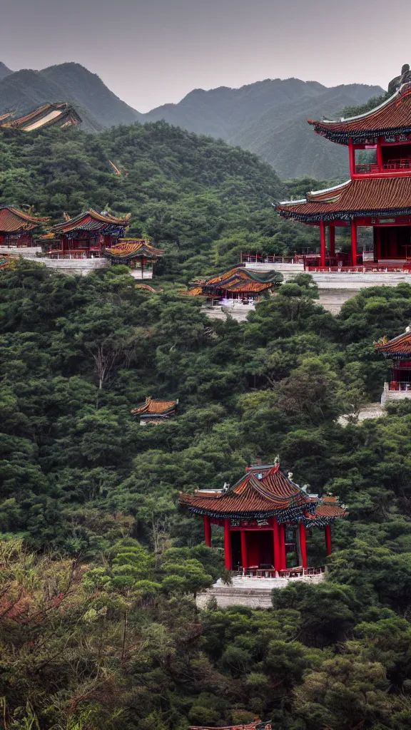 Image similar to ancient Chinese temples on the mountain in the distance,highly detailed,high resolution,cinematic lighting