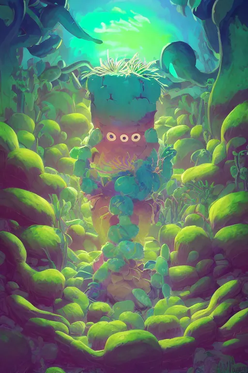 Prompt: roots cactus sushi cristal smurf ghost creature animal sushi cristal very big eye roots cactus elemental flush of force nature micro world fluo fishscale, behance hd by jesper ejsing, by rhads, makoto shinkai and lois van baarle, ilya kuvshinov, rossdraws radiating a glowing aura global illumination ray tracing hdr