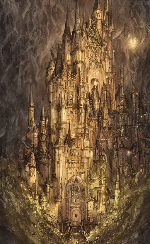 Prompt: Castle, gothic , by Ayami Kojima, studio ghibli, cinematic lighting, intricate, highly detailed, digital painting, trending on artstation, Illustration, epic scale