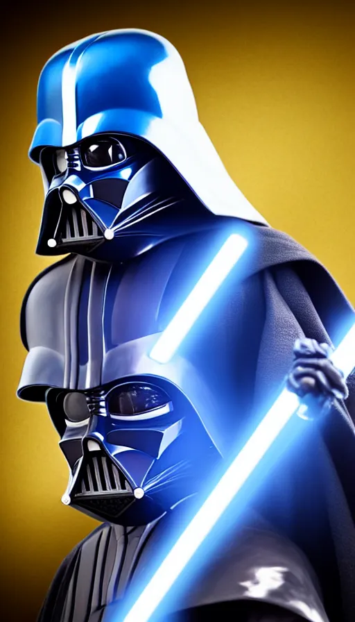 Image similar to A blue Darth Vader suit holding a blue lightsaber, 4k, dark background, 3d, full body,