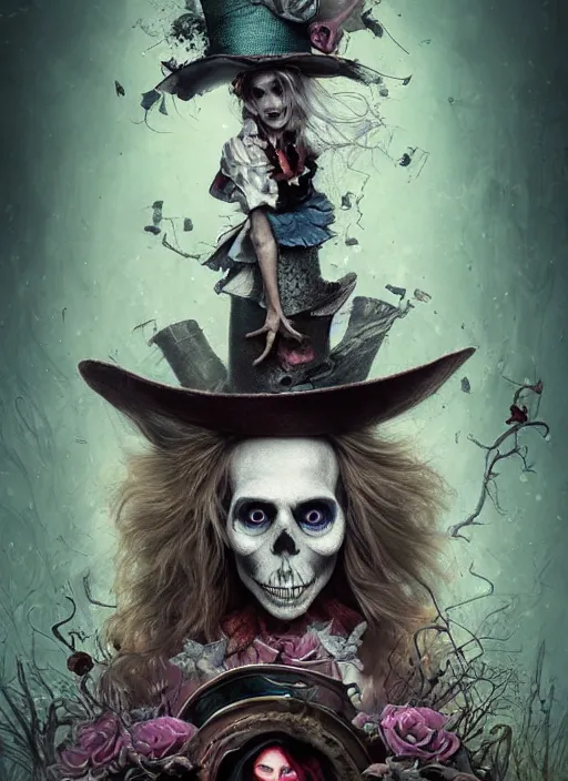 Image similar to Alice in Wonderland Mad Hatter Death Tarot card,highly detailed,half skull face,cinematic,8k,by Stanley Artgermm,Tom Bagshaw,Greg Rutkowski,Carne Griffiths, Ayami Kojima, Beksinski, Giger,Anne Stokes, Benjamin Lacombe,trending on DeviantArt,hyper detailed,horror, full of colour