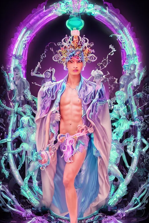 Image similar to full-body rococo and cyberpunk delicate neon crystalline sculpture of ((handsome muscular onyx albino prince Zayn Malik)) as an blue iridescent humanoid deity wearing ((peach plastic hooded cloak)) (holding an onyx skull) in a onyx castle dungeon, reclining, glowing pink face, crown of (pink lasers), large blue diamonds, swirling black silk fabric. futuristic elements. oozing glowing liquid, full-length view. space robots. intricate artwork by caravaggio. Trending on artstation, octane render, cinematic lighting from the right, hyper realism, octane render, 8k, depth of field, 3D