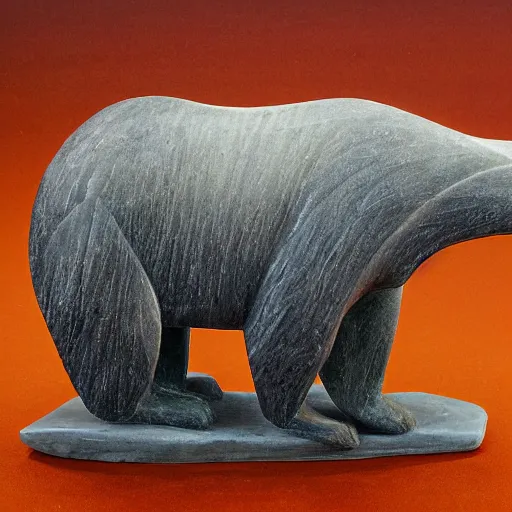 Image similar to soapstone carving of a bear on a paddleboard, in the style of soapstone carving, in the inuit style,