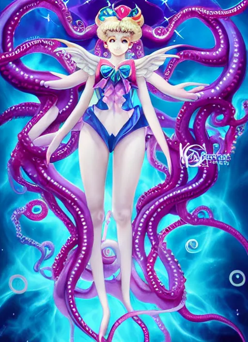 Prompt: A full shot of a sailor moon inspired Kawaii sea creature from the Abyss covered and opals and tentacles. Fully Clothed. F1.4. Symmetrical. Dark Smoke and VFX. Caustics refraction. Prism light. Demon Horns, Angel Wings, By Lisa Frank and Giger and Ruan Jia and Artgerm and Range Murata and WLOP. Key Art. Fantasy Illustration. award winning, Artstation, intricate details, realistic, Hyperdetailed, 8k resolution.