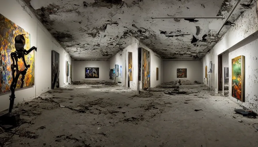 Image similar to dramatic photo of abandoned art gallery full of art canvases and photos of landscapes covering the walls, robots in the room painting and admiring the photos, cinematic lighting, wide angle, servers