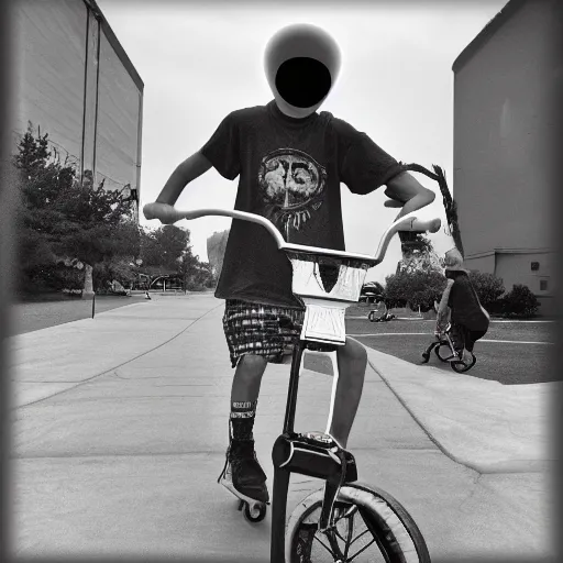 Image similar to alien riding a bmx, photograph