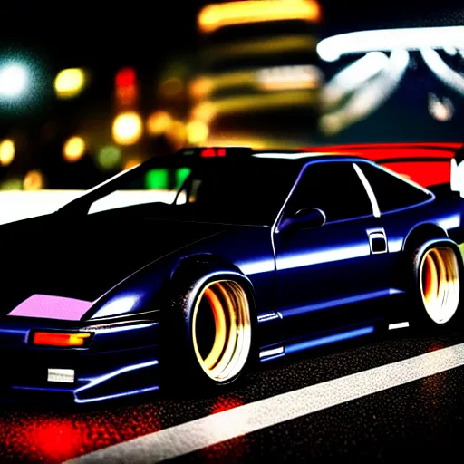 Image similar to a car 300ZX twin turbo drift at illegal car meet, Shibuya prefecture, city midnight mist lights, cinematic lighting, photorealistic, highly detailed wheels, high detail