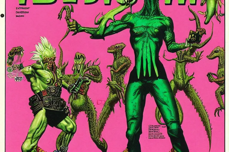 Image similar to 1979 Dragon magazine cover depicting a lizard man in neo-tokyo style by Larry Elmore. DND character art