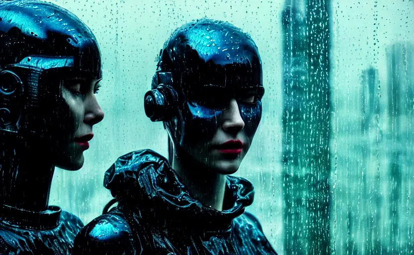 Image similar to cinestill 5 0 d candid photographic portrait by christopher nolan of two loving female androids sobbing wearing rugged black mesh techwear in treacherous waters, flooded city, medium closeup, modern cyberpunk moody emotional cinematic, pouring iridescent rain bright spotlight, 8 k, hd, high resolution, 3 5 mm, f / 3 2, ultra realistic faces, ex machina