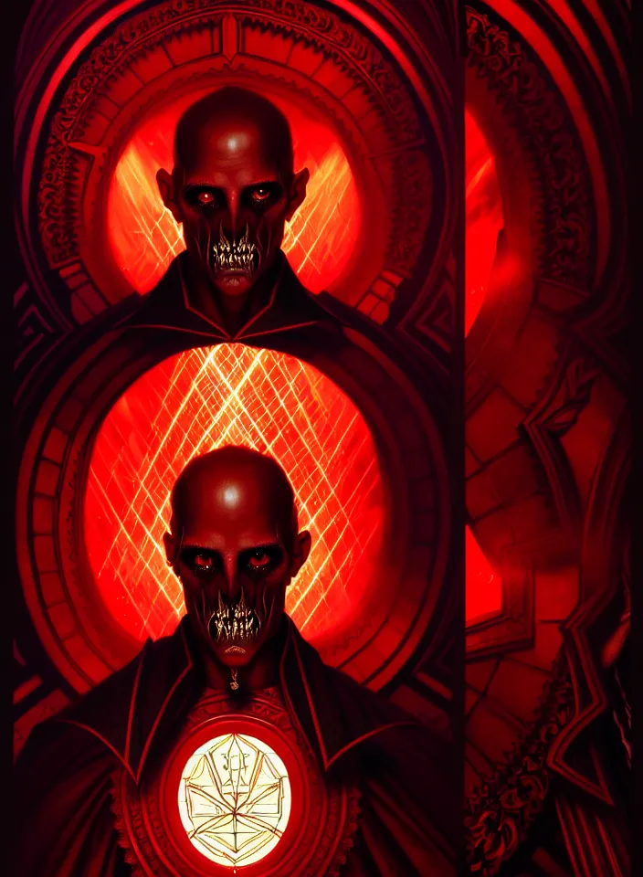 Image similar to symmetry!! portrait of a demonic man, gothic outfit, blood colored glowing lights!! evil atmosphere, intricate, elegant, highly detailed, digital painting, artstation, symmetric concept art, smooth, sharp focus, illustration, art by artgerm and greg rutkowski and alphonse mucha, 8 k