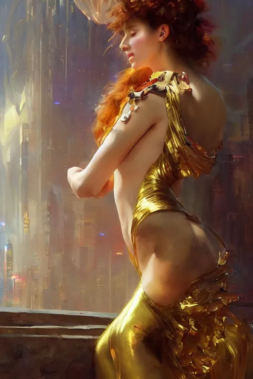 Image similar to cyberpunk beautiful girl, body golden armor, flowing gown by vladimir volegov and alexander averin and delphin enjolras and daniel f. gerhartz