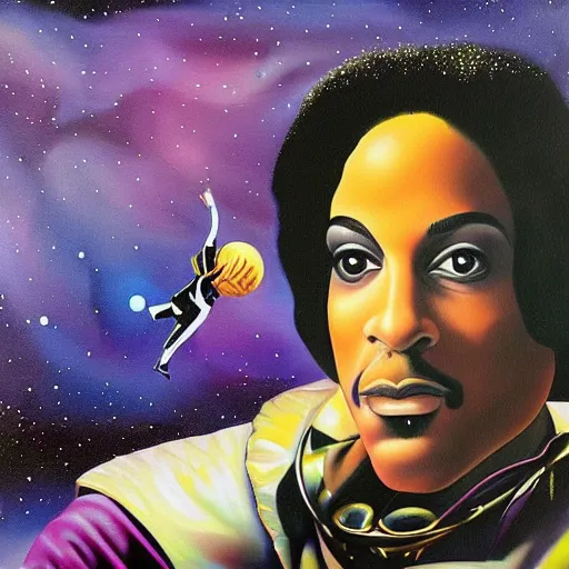 Prompt: a painting of prince in space in the style of dali. trending on artstation.