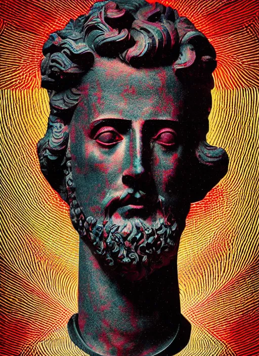 Image similar to black background with very subtle red and purple design elements, statue of marcus aurelius, powerful, nekro, graphic design, collage art, thin lines, dark, glitch art, neo vaporwave, gritty, layout frame, square, trending on artstation