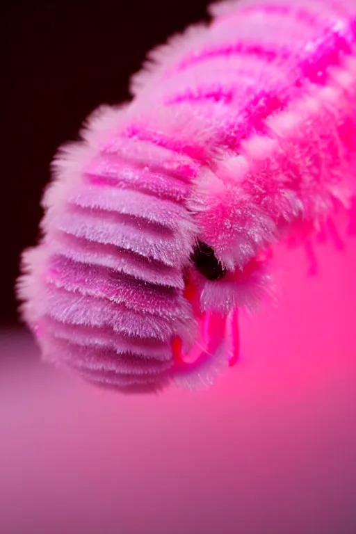 Image similar to high quality macro close-up translucent fluffy caterpillar! gorgeous highly detailed hannah yata elson peter cinematic pink lighting high quality low angle hd 8k sharp shallow depth of field