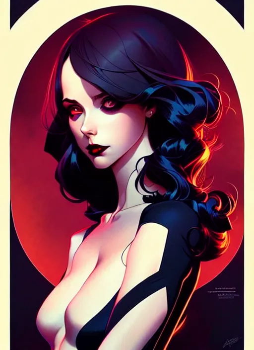 Image similar to artgerm, joshua middleton comic cover art, full body pretty kacey rohl vampire, symmetrical eyes, symmetrical face, long curly black hair, dark castle background background, cinematic lighting