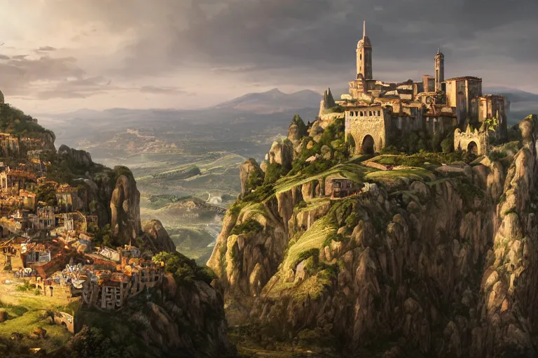 Image similar to an ultra detailed matte landscape painting of an extremely tall and strong young man with short brown hair standing on a cliff overlooking a medieval european capital built on top of many hills, italian renaissance architecture, ultrawide lense, aerial photography, 8 k, volumetric lighting, smooth, highly detailed, digital illustration, art by greg rutkowski and akira toriyama and artgerm