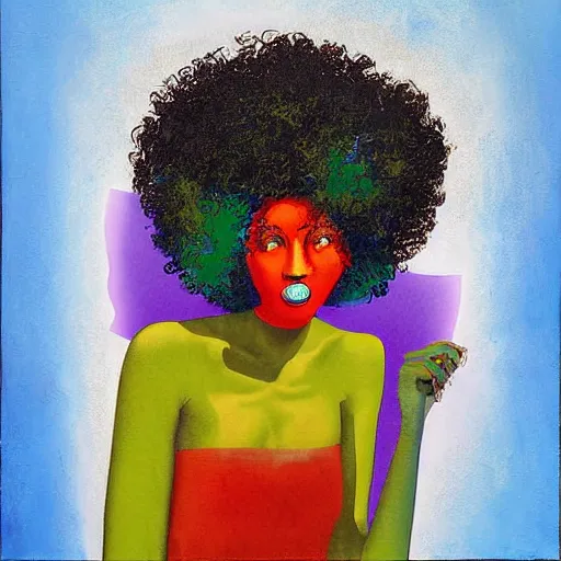 Prompt: the abstract painting of an afro lady artistic flat illustration by larry klewchuk, surrealism